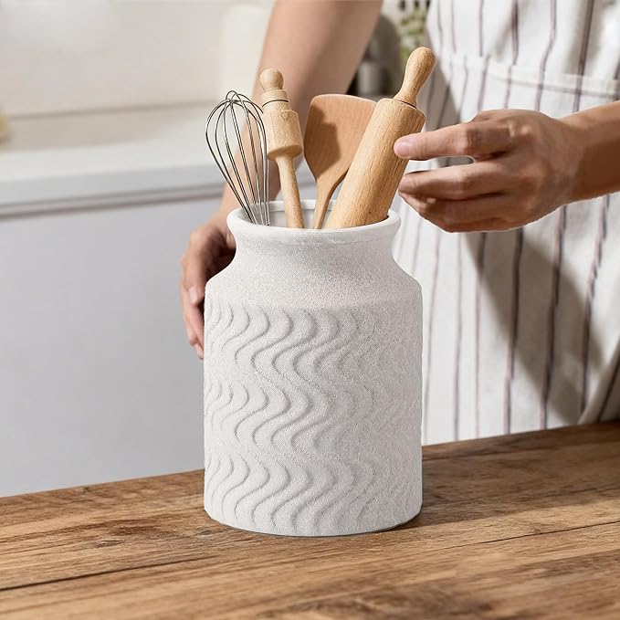 Farmhouse Ceramic Farmhouse Kitchen Utensil Holder for Countertop, Rustic Cooking Utensil Holder Crock Fit for Kitchen Counter