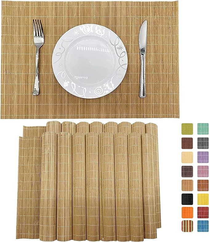 Set of 16 Pcs Bamboo Placemats Sushi Rolling Mat Japanese Style Natural Anti-Slip Bamboo Placemats Washable Heat-Resistant Table Mats for Dining Room and Kitchen