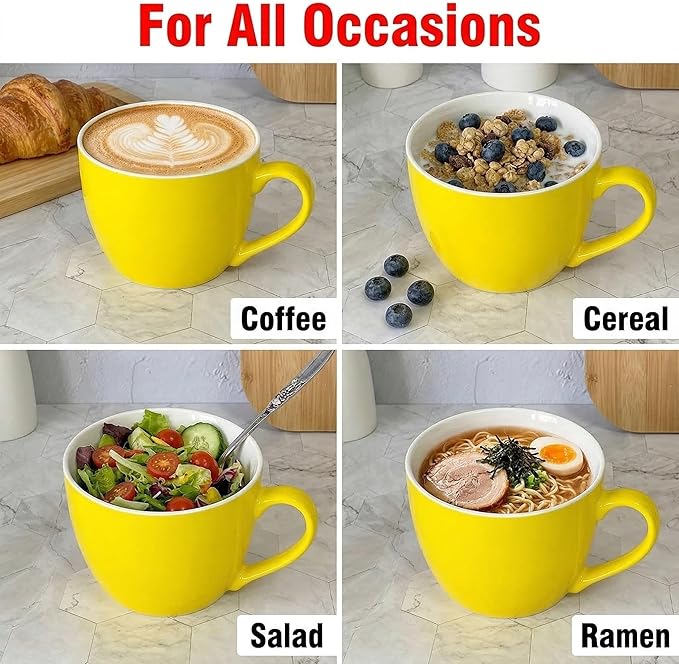 MECOWON 30 OZ Porcelain Coffee Mugs, Set of 2 Large Mugs for Soup, Cereal and Salad (Yellow)