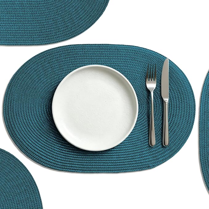 AHHFSMEI Placemats Set of 4 for Dining Table Washable Woven Non-Slip 18x12 inches Placemat Heat-Resistant Durable Table Mats for Dining Table Easy to Clean (Oval Blue, 4)