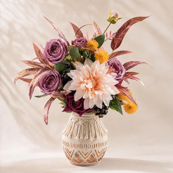 KIRIFLY Artificial Fake Flowers Silk Rose Flower Arrangements Wedding Bouquets Decorations Plastic Floral Table Centerpieces Home Kitchen Garden Party Décor (Purple White)