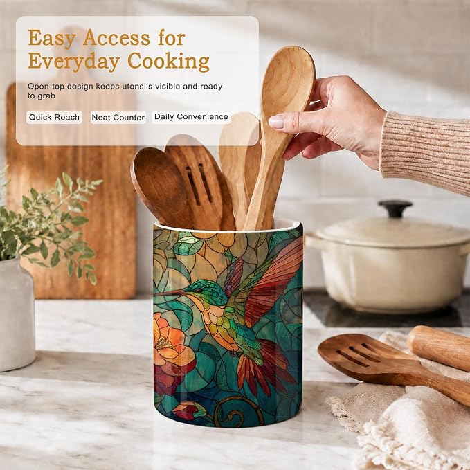 Hummingbird Kitchen Utensil Holder,Vintage Flowers Large Ceramic Utensil Crock Organizer for Spatulas,Spoons and Cooking Tools,Kitchen,Home Decoration 6.3"