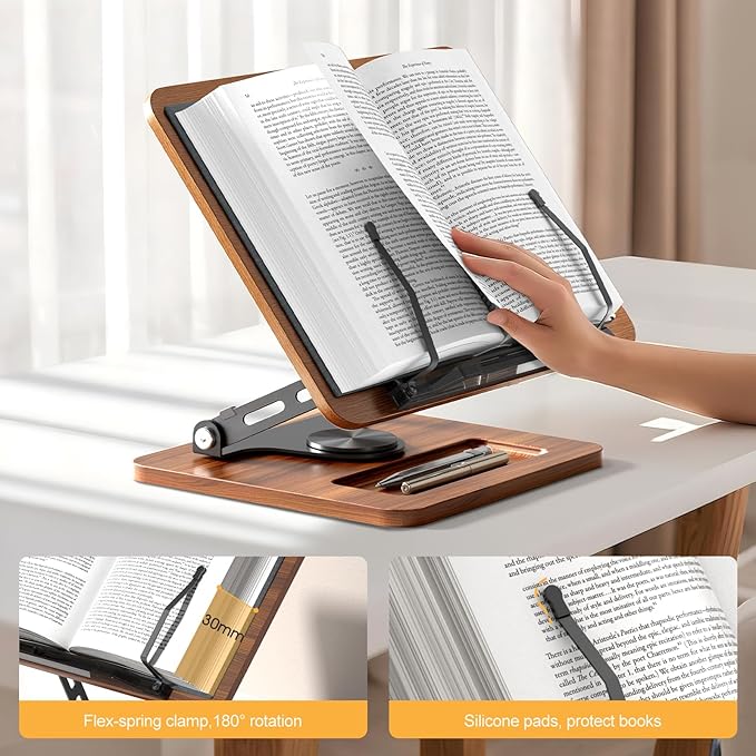 OPTIXCELL Book Stand for Reading, 360° Rotating Hands Free Book Holder, Adjustable Height and Angle, Page Clip for Cookbook, Recipe, Magazine, Laptop,Tablet, Foldable for Kitchen, Office, School