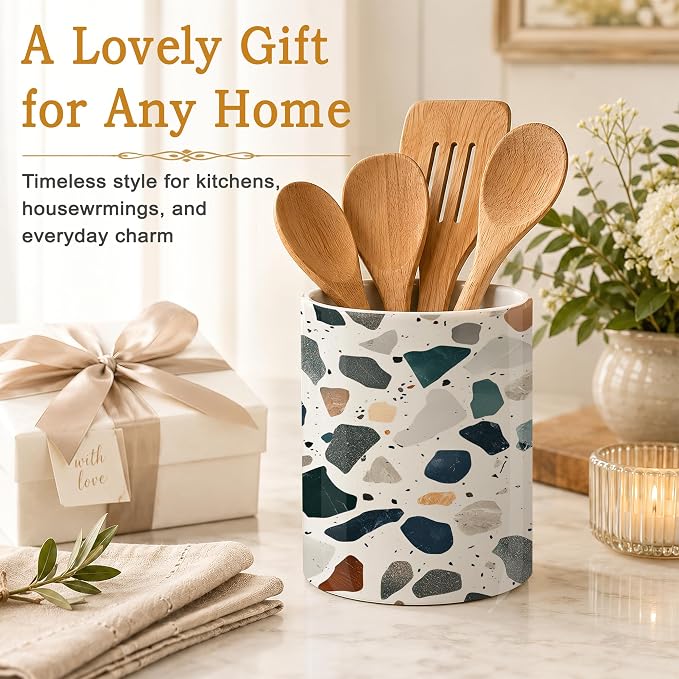 Kitchen Utensil Holder,Terrazzo Colorful Stone Ceramic Utensil Crock for Countertop,Cooking Tools Storage jar for Spatulas and Spoons,Housewarming Gifts 6.3"
