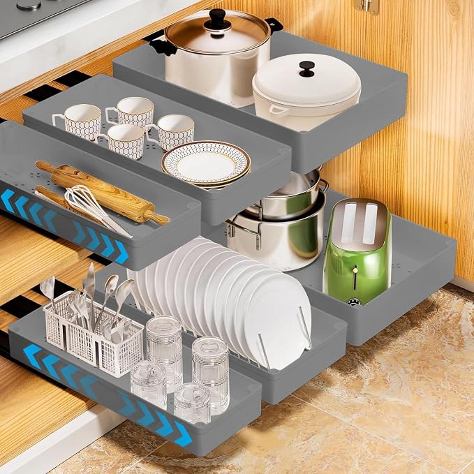 15.75'' D Adhesive Pull Out Drawers for Cabinets,No Drill Pull Out Drawers with Raising Pad for Framed & Frameless Cabinet,Adjustable Expandable Pullout Cabinet Organizer for Kitchen,Bathroom, M Size