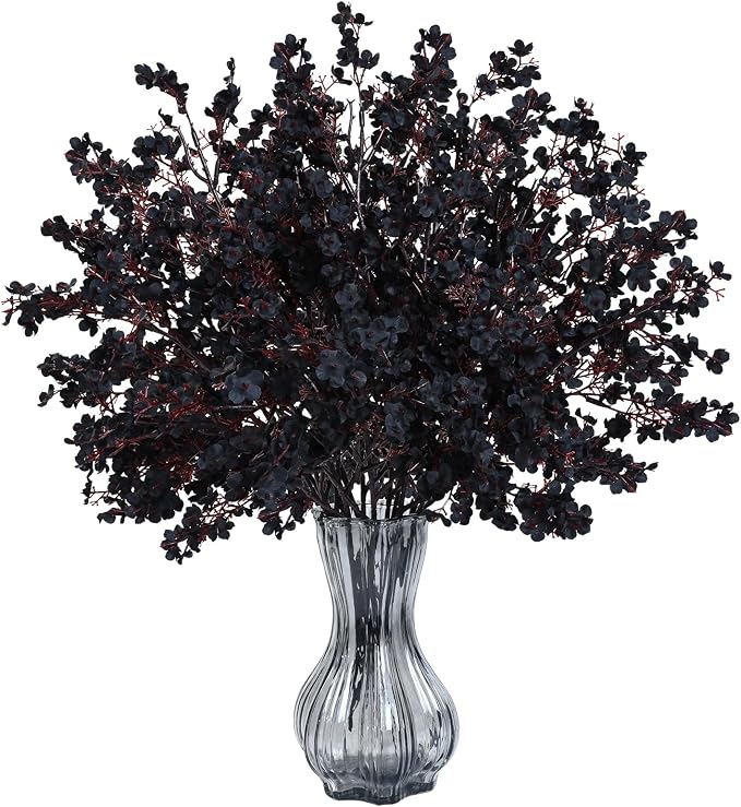 Waipfaru 15Pcs Halloween Flowers Babys Breath Silk Artificial Black Flowers Gypsophila Bouquets Bulk Real Touch Black Stems for Halloween Decorations DIY Floral Arrangement Table Centerpieces