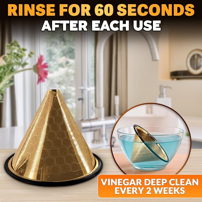 Pour Over Coffee Filter Reusable Stainless Steel - 800 Mesh Gold Cone with Black Ring for Clean, Sediment-Free Brew, Compatible with Hario V60 & Chemex, Paperless Coffee Dripper with Cleaning Brush