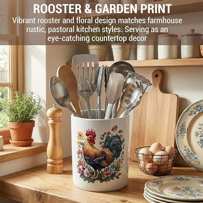 MyGift Farmhouse Rooster Floral Ceramic Kitchen Utensil Holder – Decorative Crock for Cooking Utensils, Flatware, and Countertop Storage