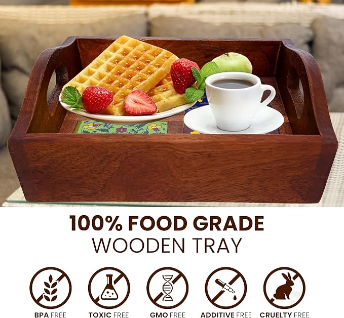 Craft Trade Square Mango Wood Serving Tray with 4 Fitted Ceramic Tiles Multipurpose Wooden Serving Platter with Handles, Decorative Tea Coffee Snack Tray for Home Kitchen Dining & Gifting - 9x9x3 Inch