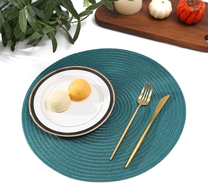 SHACOS Round Placemats Set of 8 Woven Braided Table Placemats 15 inch Circle Place Mats Washable Non Slip Table Mats for Home Wedding Party, Teal Green