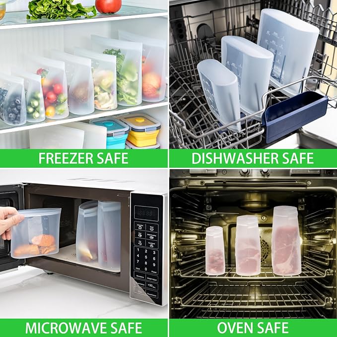 100% Platinum Silicone Reusable Storage Bags, 12 Pack, Premium Silicone Food Storage Bag Stand-Up Wide-Mouth Zip-Lock, Freezer Microwave Oven Dishwasher Safe, 4 M + 4 S + 4 XS, Crystal-Clear