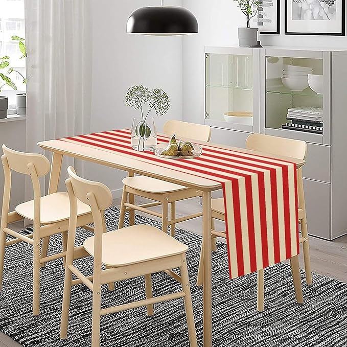 Striped Table Runner,Vintage Abstract Modern Red and White Striped Table Runner Decorated for Family Kitchen Table Party Decoration 13x120 Inch