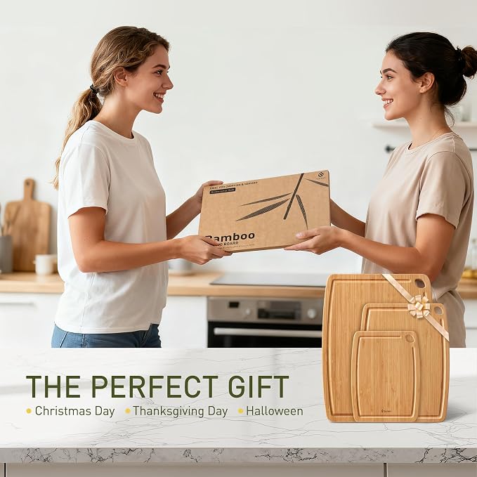 Lightweight Durable Bamboo Cutting Board Set with Non-Slip Feet, Wood Cutting Board for Busy Kitchen, Easy Clean Wooden Chopping Boards with Juice Groove Best House Warming Gift Set of 3 (S+M+L)