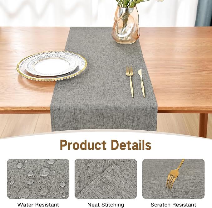 Farmhouse Rustic Table Runner Grey Faux Linen Table Runners Water Resistant Table Runner 72 inches Long for Living Room Dresser Bedroom Kitchen Dining Party 13x72 Inch