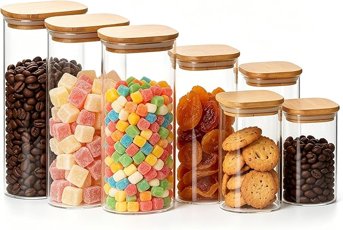 68 ounces (set of 3) and 32 ounces (set of 3), transparent glass containers with airtight bamboo lids — ideal for storing overnight oats, coffee, spices, candies, flour, etc.,