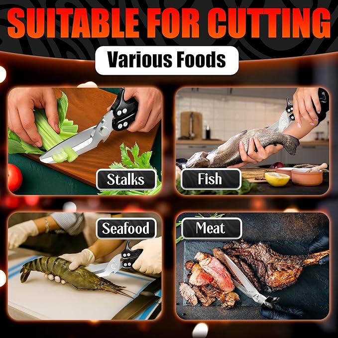 Heavy Duty Poultry Shears – Kitchen Shears Dishwasher Safe, Spring-Loaded, 3Cr14 Steel, Micro-Serrated, Separates for Easy Cleaning | Bone Scissors for Chicken, Turkey, Seafood & Fish Scale (Black)