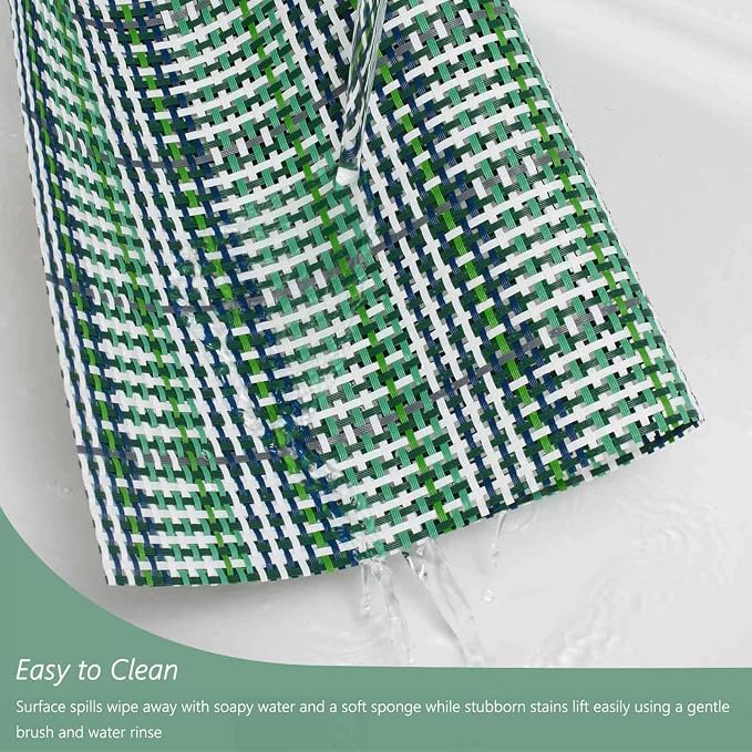 AHHFSMEI Placemats Set of 6 Washable Woven Vinyl Placemats for Dining Table Heat Resistant Non-Slip Stain Resistant Table Mats for Kitchen & Home Decor(Green Blue Stripe,6)