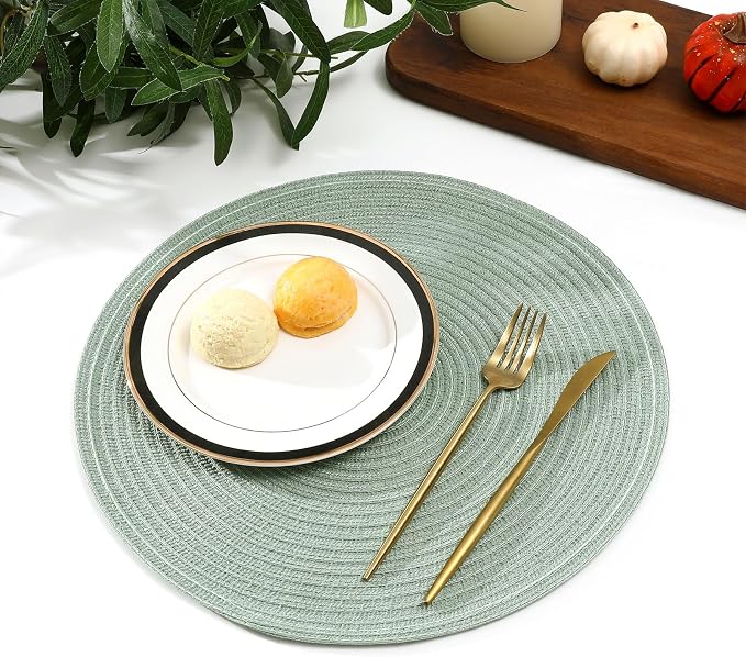 SHACOS Round Placemats Set of 8 Washable 15 inch Round Table Mats Cotton Polyester Woven Braided Place Mats for Dining Table Wedding Party Decor, Sage Green
