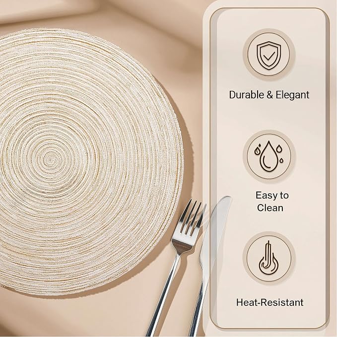 AHHFSMEI Round Braided Placemats Set of 6 Woven Table Mats for Dining Table Heat Resistant Easy to Clean Perfect for Kitchen & Home Decor (Beige)