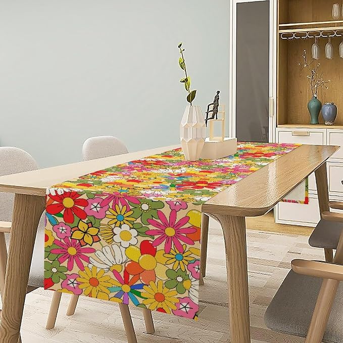 Retro 70s Floral Table Runner,Vintage Hippie Summer Groovy Daisy Flower Dinner Runner for Home Kitchen Dining Table Party Holiday Decor 13x108 in