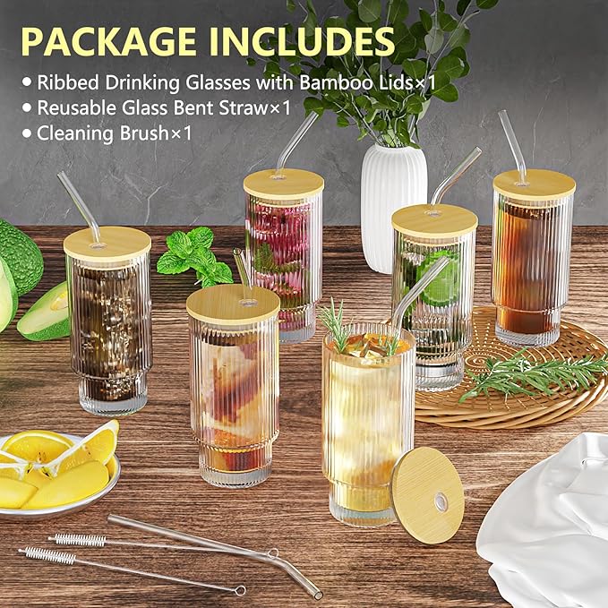 CWHHRN 16 OZ Glass Cup with Lid and Straw, Vintage Ribbed Glassware for Whiskey Cocktail Beer, Iced Coffee Cups with Lid, Glass Tumbler with Straw and Lid (1 PACK)
