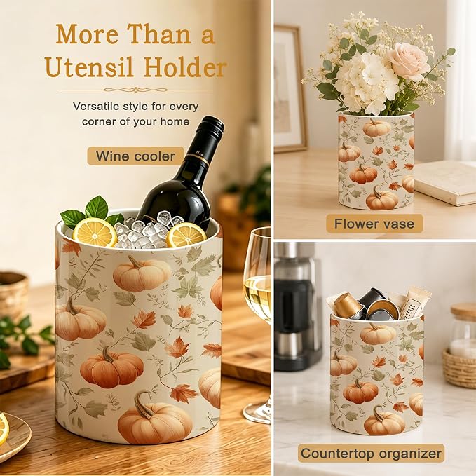Pumpkins Kitchen Utensil Holder,Autumn Maple Leaves Large Ceramic Utensil Crock Organizer for Spatulas,Spoons and Cooking Tools,Kitchen,Home Decoration 6.3"