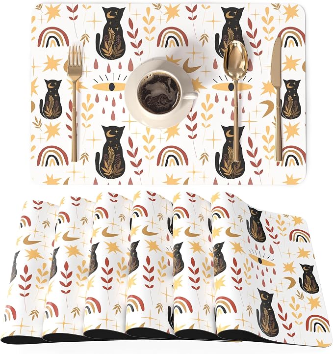 QIYI Placemats Set of 6, 12x18 Inch Faux Leather Place Mats for Kitchen Dinning, Heat Resistant Anti Slip Folk Table Mats, Waterproof Wipeable Washable Placemat Party Table Décor, Boho Black Cats
