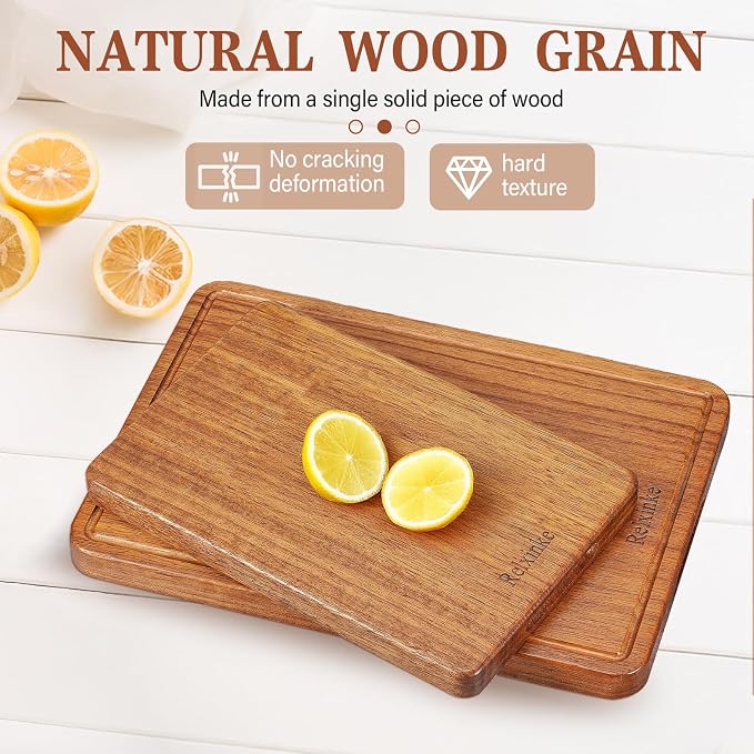 Solid Teak Wood Cutting Board Set One Piece Non Glued Extra Large Thick Crack Resistant Wooden Chopping Board with DeepJuice Grooves Built in Handles for Kitchen Meat 21.7x15 IN+13 * 8.7IN