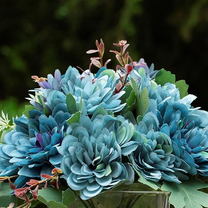 ENOVA FLORAL Mixed Artificial Daisy Floral Arrangements with Vase, Table Centerpieces for Dining Room, Silk Daisy in Glass Vase with Faux Water for Home Decor, Wedding Centerpieces (Blue)