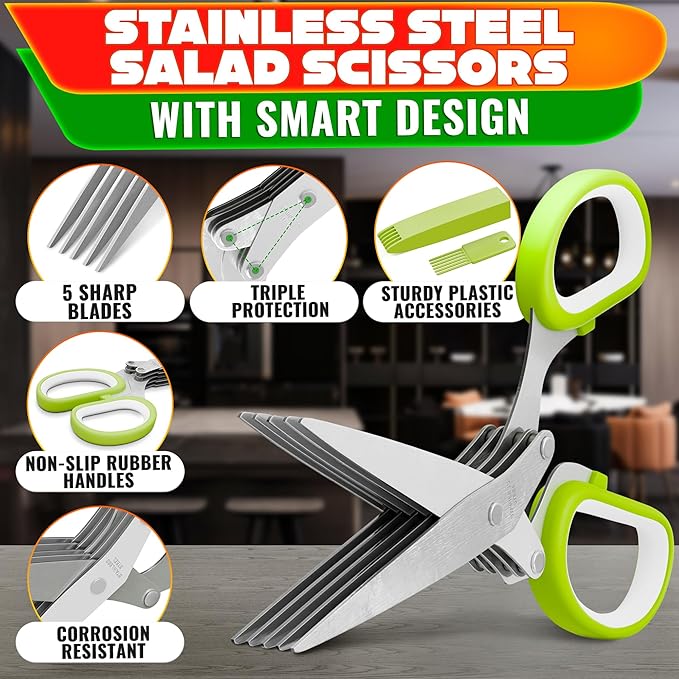 Herb Scissors with 5 Blades and Cover – Stainless Steel Herb Cutter with Ergonomic Handle and Cleaning Brush, Dishwasher Safe Design – 5x Faster Cutting of Cilantro, Parsley, Green Onion & Fresh Herbs