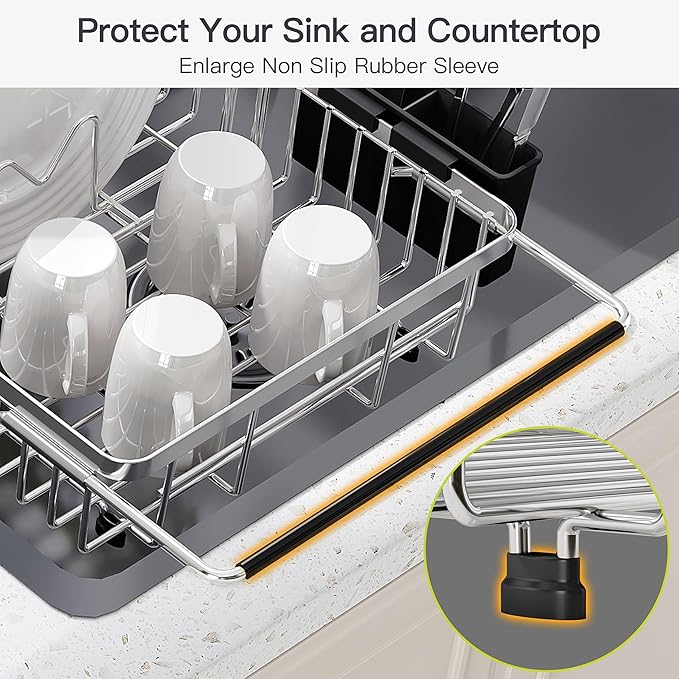JASIWAY Expandable Stainless Steel Dish Drying Rack Over The Sink For Small Kitchen, Counter Space Saving Compact Plate Drainer Strainer, Adjustable Hanging Metal Dish Dryer Holder with Utensil Holder