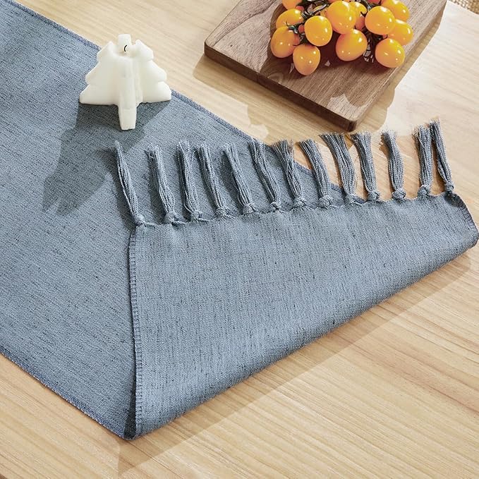 Linen Style Rustic Table Runner, Farmhouse Cotton Linen Table Runner, Boho Table Runners 60 Inches Long with Hand Tassels for Home Tabletop Decor and Everyday Use - Dusty Blue, 60 Inch