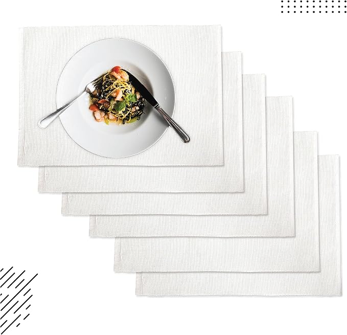 Encasa XO Dining Placemat Set of 6 | Solid Off White Color | Fine Ribbed Cotton Table mat | Size 19x13 in | Machine Washable