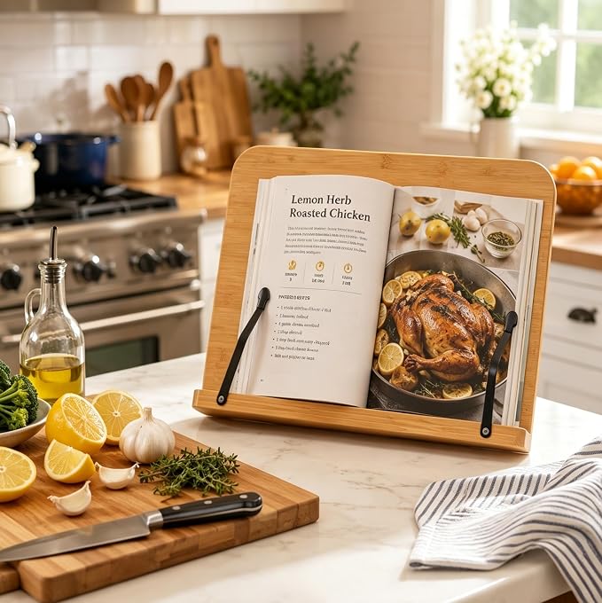 Solid Wood Book Stand – Hands-Free Cookbook & Recipe Book Holder for Kitchen Counter, Tablet Stand, Desktop Music Stand Bible Stand, Cook Book Stand, Stylish Kitchen Counter Decor & Plate Display