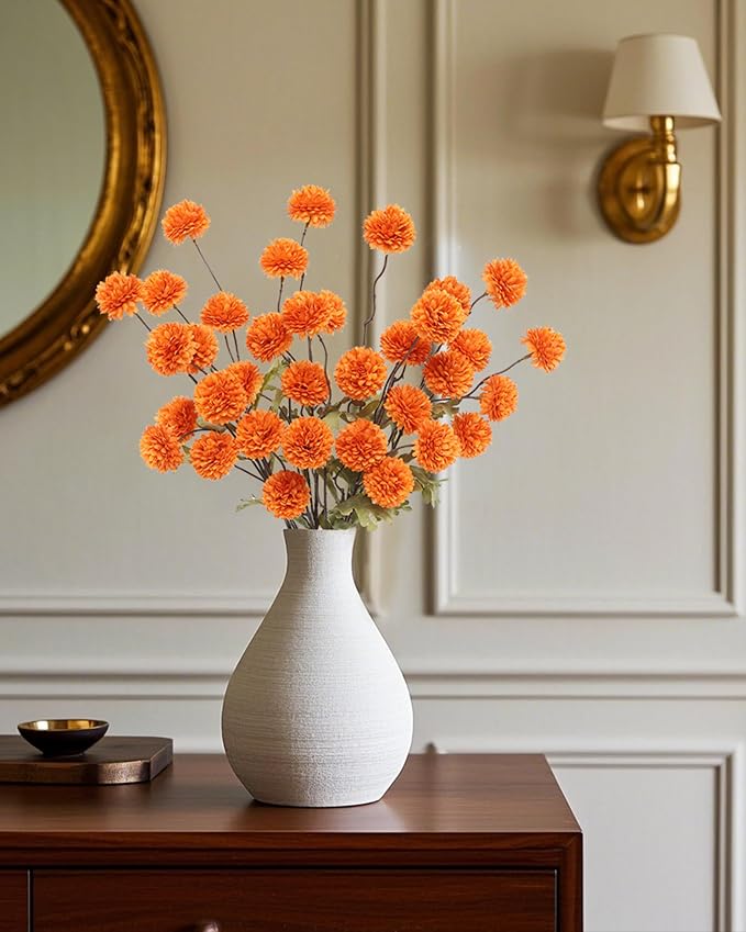 DuHouse 6pcs Artificial Flowers Faux Silk Pompon Mum,Silk Small Mini Chrysanthemum Ball with Stems for DIY Bouquets Centerpieces Vase Home Table Kitchen Decorations(Orange)