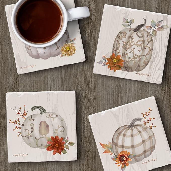 Thirstystone Fall Pumpkins 4 Pack Assorted Tumbled Tile Stone Coasters with Protective Cork Backing 4" Square Manufactured in the USA