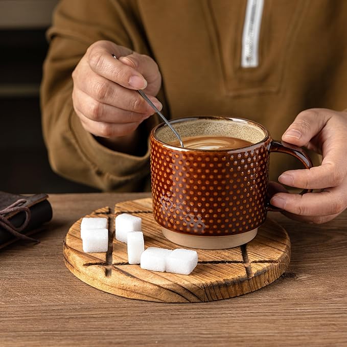 GBhome 12 OZ Stackable Coffee Mugs, Ceramic Coffee Cups with Texture Patterns for Man,Woman,Dad,Mom, Modern Mugs Set of 4 for Latte/Cappuccino/Cocoa. Dishwasher&Microwave Safe