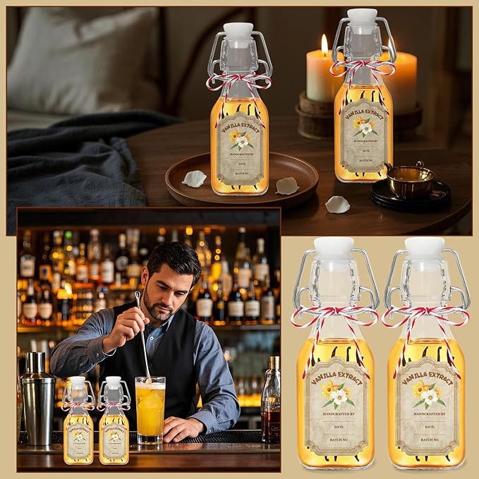 10 Pack Swing Top Glass Vanilla Extract Bottles 4 oz with Lids, Vanilla Extract Labels and Funnel, Glass Boston Bottles for Syrup Gift, Flip Top Jars