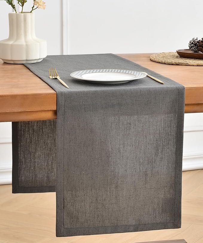 Wracra Linen Style Table Runner, Rustic Farmhouse Charcoal Grey Table Runners 72 Inches Long, Handcrafted Table Runner for Fall, Winter - Everyday Use and Machine Washable