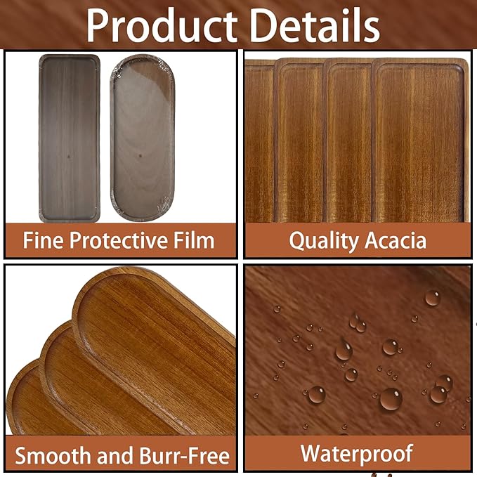 Set of 5 Acacia Wooden Trays Rustic Small Oval Serving Tray Bulk Wood Food Plate Fruit, Salad, Cheese, Coffee Platters Appetizer Decorative Tray 11.4 * 4.1inch (Oval 5Pcs)