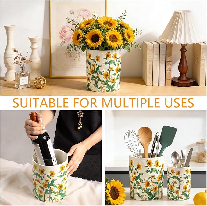 Sunflower Utensil Holder, 7.1"+5.4" Ceramic Utensil Holder for Kitchen Counter, Cooking Utensil Crocks for Countertop, Utensil Storage Container Organizer for Spoon, Sunflower Farmhouse Kitchen Decor