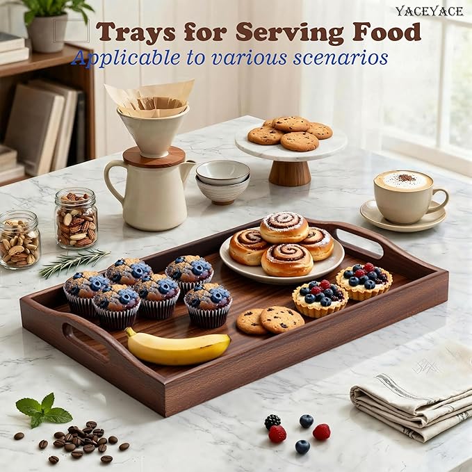 Wood Serving Tray Small, 14"x10"x2" Small Serving Tray for Ottoman Coffee Table, Wood Trays for Home Decor, Kitchen Counter, Bathroom