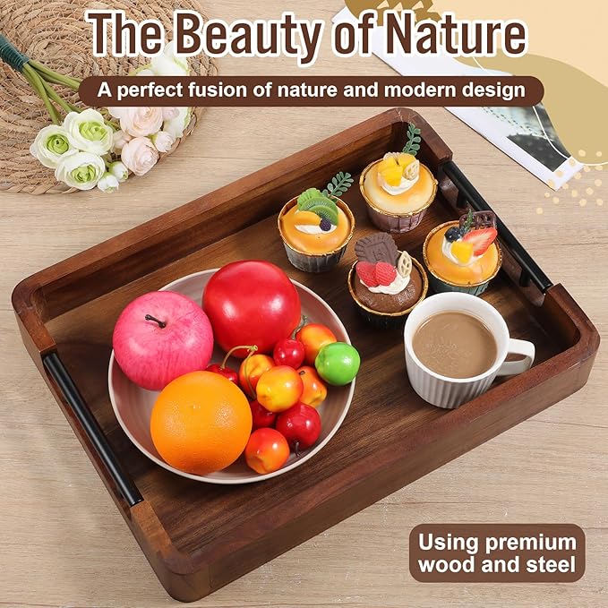 Wood Serving Tray with Handles, 16"x12" Large Acacia Wood Ottoman Tray for Living Room, Rustic Decorative Storage Trays, Decorative Trays for Home Decor, Charcuterie Boards Rectangular Platters