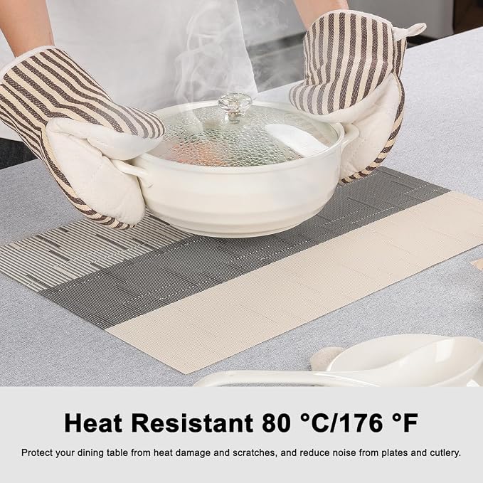 Placemats Set of 4, Vinyl Woven Place Mats Indoor Set of 4 Washable Wipeable PVC Table Mats Heat-Resistant Non Slip Placemat for Kitchen Dining Outdoor Table (Beige Dark Gray, Set of 4)