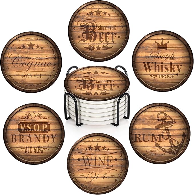 Britimes Set of 6 Coaster for Drinks Absorbent with Cork Base, Metal Holder, Wooden Texture Round Stone Drink Mat for Coffee Wood Table, Gift for Birthday, Farmhouse Housewarming Room Bar Decor