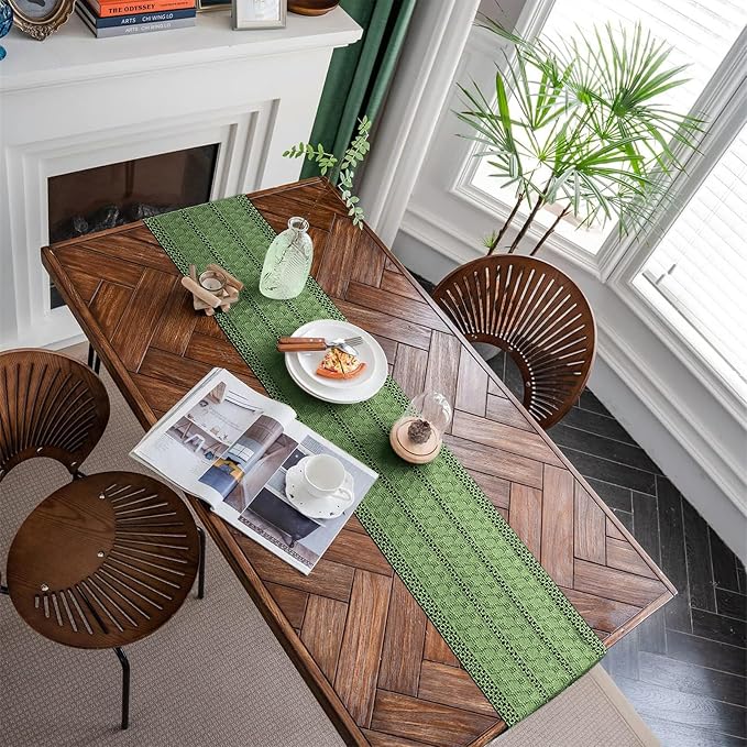 Macrame Table Runner Green Boho Table Runners with Tassels Hand Woven Cotton Table Runner Rustic Farmhouse Table Runners for Bohemian Kitchen Dining Table(12x108in)