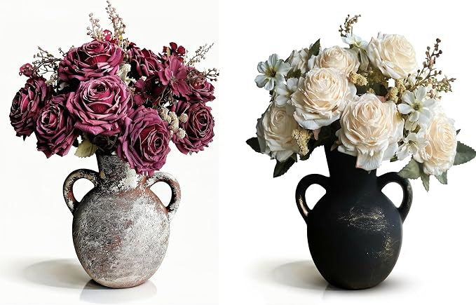 Flower Arrangement with Terracotta Vase, Pre-Arranged Faux Roses & Mixed Flowers Centerpiece for Rustic Farmhouse Table Decor/15”