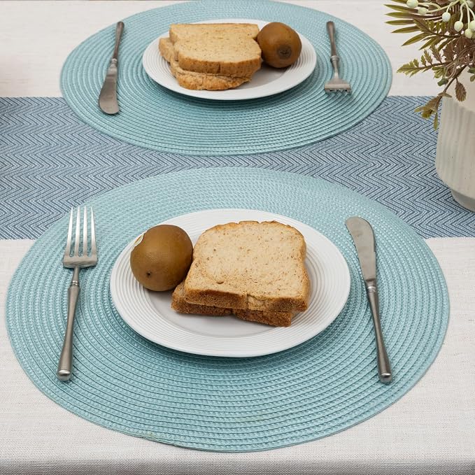 Winknowl 15 Inch Round Braided Placemats Set of 8, Washable Cotton Polyester Table Mats, Heat Resistant Non-Slip Place Mats for Kitchen Dining Table Decor (Light Blue,8pcs)