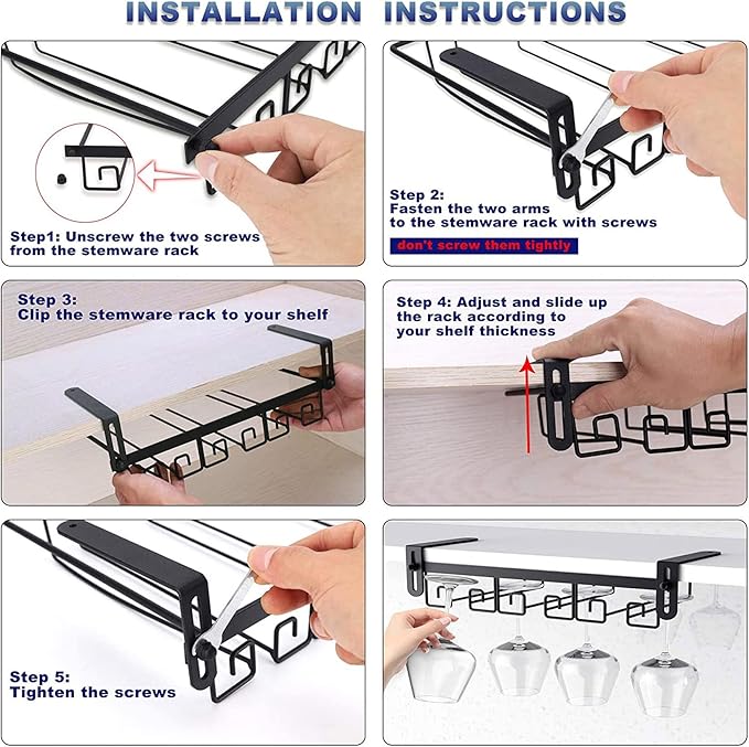 Hanging Wine Glass Rack Black Adjustable, Solid Iron Wine Glasses Hanger, Metal Under Cabinet Stemware Rack 3 Rows, 4 Rows, Convenient Storage And Space-saving