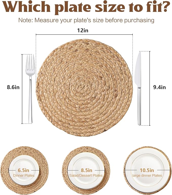Aofmee 12 inch Round Woven Placemats Set of 10, Boho Rattan Place Mats, Natural Water Hyacinth Table Placemats, Farmhouse Weave Table Mats, Rustic Braided Wicker Charger Plates for Dining Table Decor